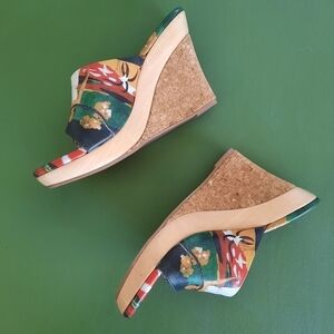 Vintage Image Wooden Cork Wedge Asian Inspired Sandals 6
